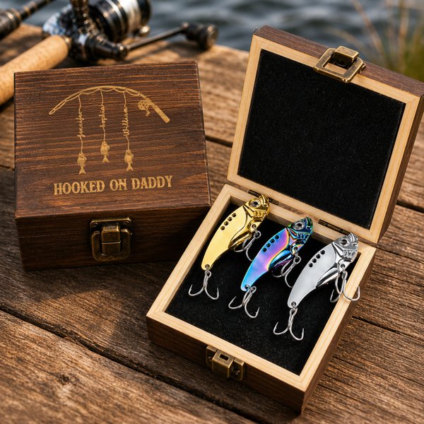 Caja de madera personalizada con anzuelos y nombre Regalo de cumpleaños y Día del Padre para papá, marido y amante de la pesca
