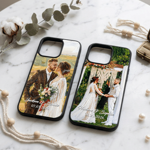 Personalized Oil Painting Style Wedding Portrait Phone Case with Text and Date Anniversary Gift for Brides Couples