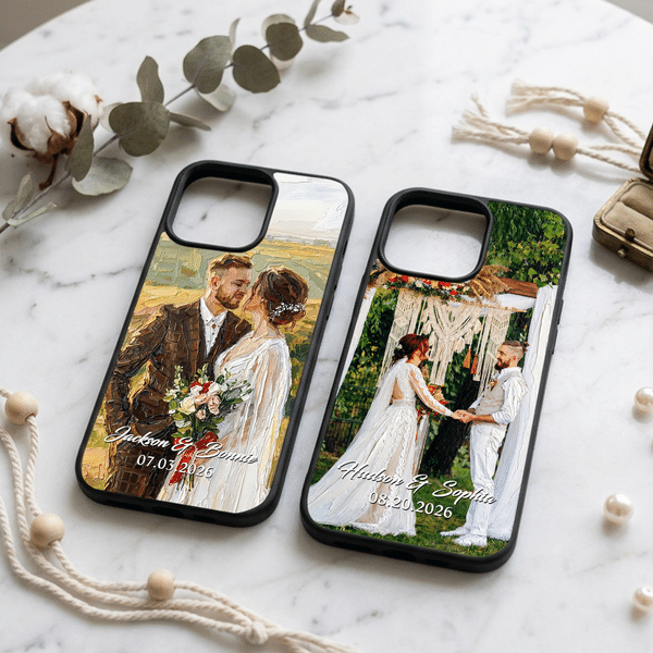 Custodia per telefono personalizzata con ritratto di matrimonio in stile pittura a olio con testo e data Regalo di anniversario per le coppie di sposi