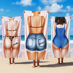 Personalized Multicolour Cartoon Fashion Girl Back View Striped Oversized Quick Dry Beach Towel with Name Beach Party Funny Birthday Gift for Her