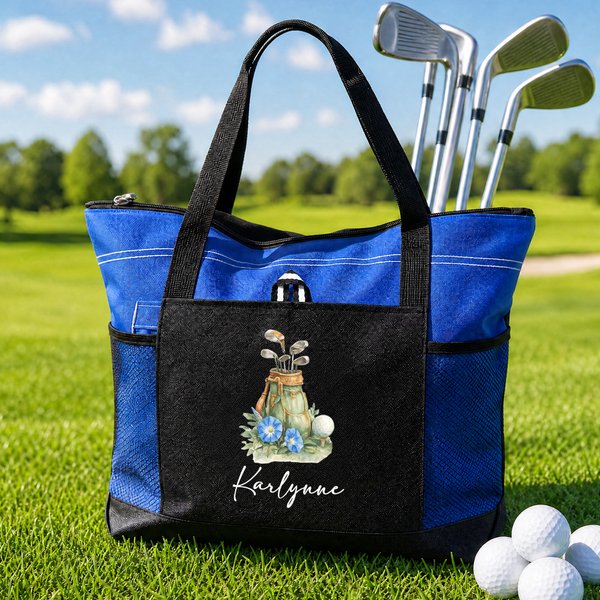 Personalised Watercolor Golf Elements Birth Flower Large Capacity Tote Bag with Name and Mesh Pockets Golf Club Birthday Gift for Golf Lovers Women