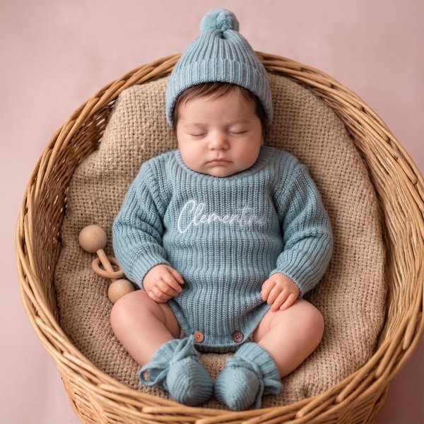 Personalised Multicolour Knitted 100% Cotton Soft Baby Bodysuit Hat Booties Set with Embroidered Name Coming Home Outfit Birthday Gift for Baby Newborn