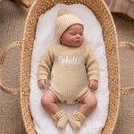 Personlig flerfärgad stickad 100% bomull mjuk baby bodysuit hatt booties set med broderat namn Coming Home Outfit födelsedagspresent för baby nyfödd