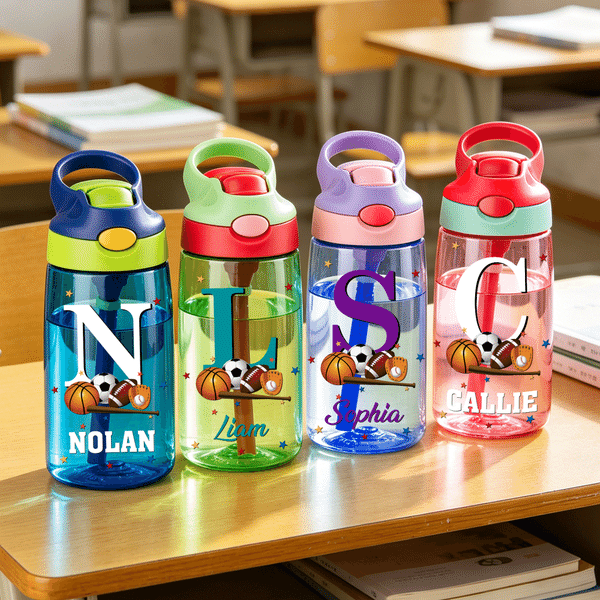 Personalised Basketball Baseball 16 oz Water Bottle with Name and Initial Straw Daily Use Birthday Back to School Gift for Kids Boy Girl