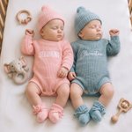 Personlig flerfärgad stickad 100% bomull mjuk baby bodysuit hatt booties set med broderat namn Coming Home Outfit födelsedagspresent för baby nyfödd