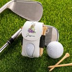 Gepersonaliseerde Watercolor Golf Elementen Geboortebloem PU Leren Golfbal Tas met Naam en Tee Houder Golf Club Verjaardagscadeau voor Golfliefhebbers
