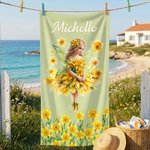 Personalised Birth Flower Fairy Quick Dry Oversized Beach Towel with Name Beach Party Summer Vacation Gift for Kids Women