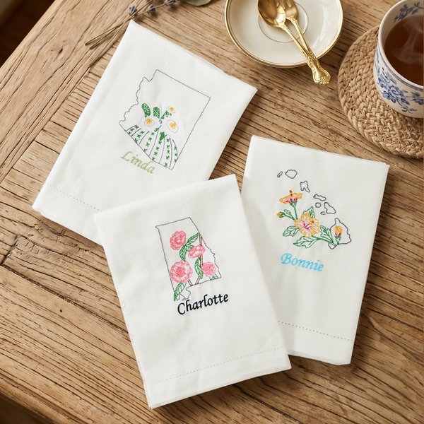 Personalised Embroidered Multicolour US State Flower Linen Napkin with Name Table Decoration Travel Birthday Gift for Family Friends