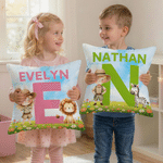 Gepersonaliseerd Waterverf Wild Animal Cartoon Character Soft Pillow Cover met Naam Nursery Decor Verjaardagscadeau voor kinderen dierenliefhebbers