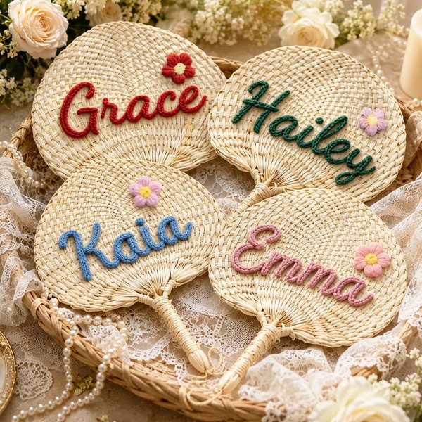 Personalized Flower Natural Woven Palm Leaf Hand Fan with Name Daily Use Birthday Wedding Gift for Bridesmaid Friend
