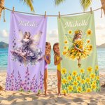 Personalised Birth Flower Fairy Quick Dry Oversized Beach Towel with Name Beach Party Summer Vacation Gift for Kids Women