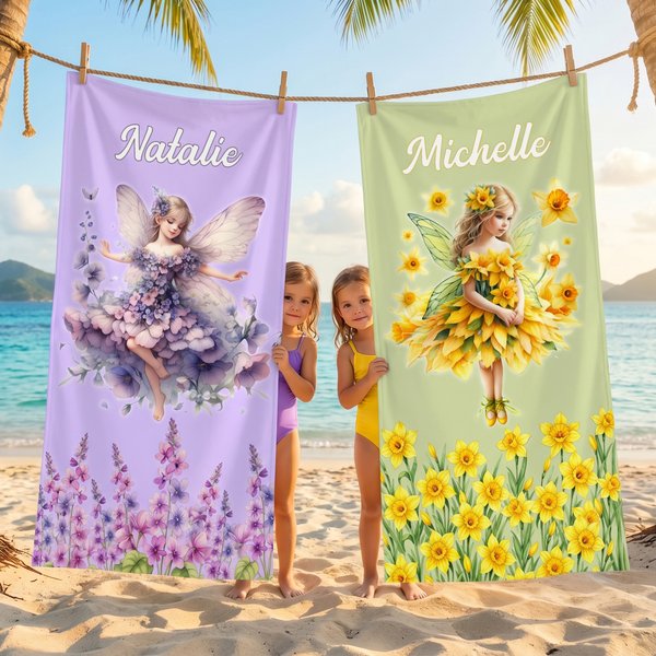 Serviette de plage surdimensionnée à séchage rapide, personnalisée avec le nom de la fée de la naissance, fête de la plage, vacances d'été, cadeau pour les enfants et les femmes.