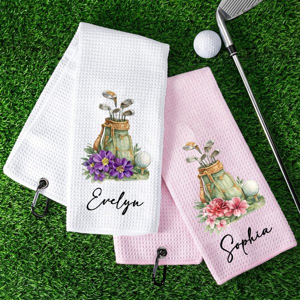 Personalised Golf Birth Flower Classic Quick Dry Waffle Golf Towel with Name and Carabiner Clip Sport Team Birthday Gift for Golf Player Lover Woman