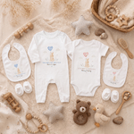 Personalised Cartoon Rabbit 100% Cotton Baby Bodysuit Romper Bib Booties Set with Text and Year First Mother's Day Gift for Newborn Baby