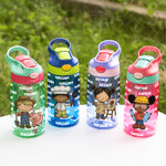 Gepersonaliseerde leuke cartoon professionele karakter 12 oz 16 oz waterfles met naam rietje en handvat terug naar school verjaardagscadeau voor kinderen