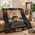 Personalised Retro Hooked on Grandpa Soft Throw Blanket Home Decor Father's Day Birthday Gift for Grandpa