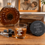 Personalized Legend Dad Whiskey Glass 4 Stones Wooden Box Set with Text and Coaster Father's Day Birthday Anniversary Gift for Dad Man