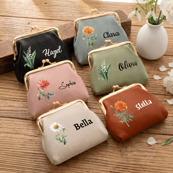Personalized Multicolor Birth Flower PU Leather Coin Purse with Name Birthday Wedding Gift for Mom Grandma Bride