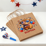 Personalised Cute Highland Cow American Flag Reusable Kraft Paper Gift Bags with Name American Independence Day Gift for Family Friends