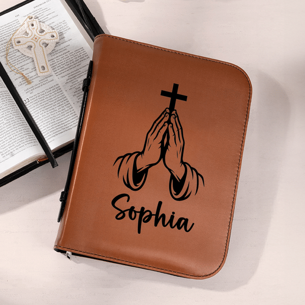 Personalized Prayer Gestures Cross PU Leather Bible Cover with Name Church Birthday Gift for Christian Friend