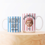Tazza di ceramica personalizzata con foto del bambino a strisce da 11 oz 15 oz con nome, anno e testo Regalo di compleanno per la festa del papà per la famiglia del nuovo papà