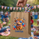 Personalised Cute Highland Cow American Flag Reusable Kraft Paper Gift Bags with Name American Independence Day Gift for Family Friends