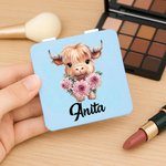 Personalisierte Geburt Blume Hochland Kuh kompaktes Herz rundes Quadrat Make-up-Spiegel mit Namen Geburtstag Jahrestag Geschenk für Frauen