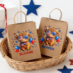 Personalised Cute Highland Cow American Flag Reusable Kraft Paper Gift Bags with Name American Independence Day Gift for Family Friends