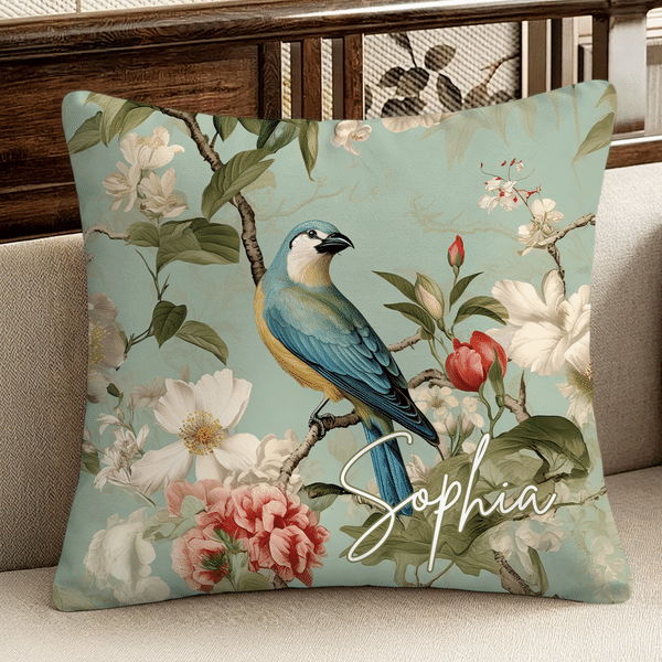 Personalizzato Chinoiserie Fiore e Uccello Pittura morbido cuscino copertina con nome Camera Decor Regalo di compleanno per la famiglia amico