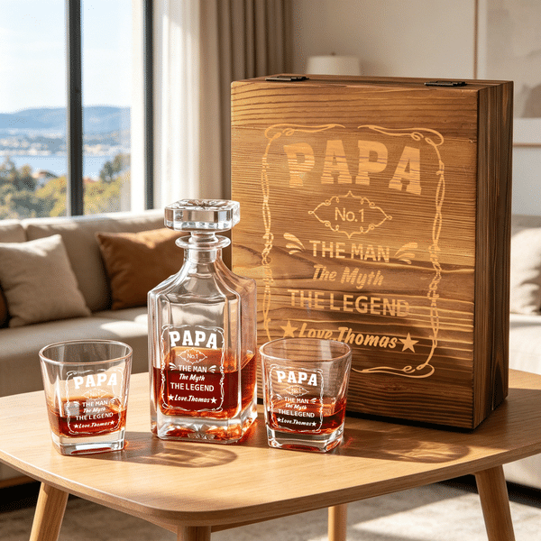 Titolo e nome personalizzato Whiskey Decanter Bicchieri Festa del papà Regalo di compleanno per papà barista amante del whisky