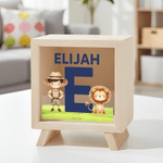 Personalized Cartoon Kid Safari Animal Wooden Money Box Piggy Bank with Name and Initial Daily Use Birthday Gift for Boys Girls Kids
