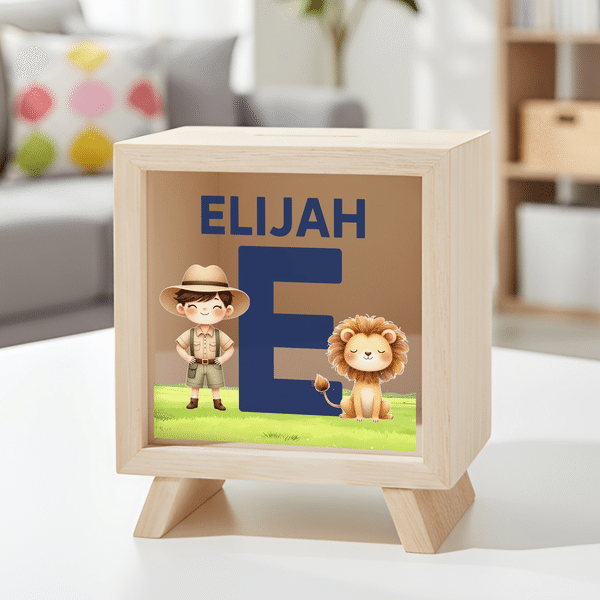 Personalized Cartoon Kid Safari Animal Wooden Money Box Piggy Bank with Name and Initial Daily Use Birthday Gift for Boys Girls Kids