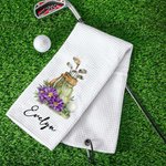 Personalised Golf Birth Flower Classic Quick Dry Waffle Golf Towel with Name and Carabiner Clip Sport Team Birthday Gift for Golf Player Lover Woman