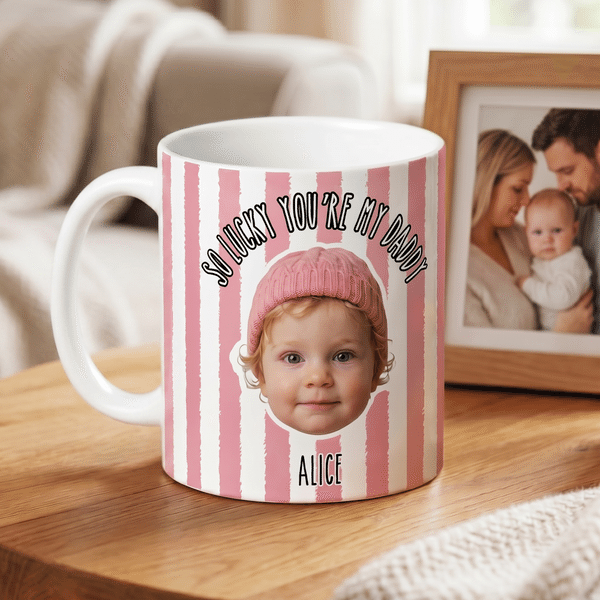 Tazza di ceramica personalizzata con foto del bambino a strisce da 11 oz 15 oz con nome, anno e testo Regalo di compleanno per la festa del papà per la famiglia del nuovo papà