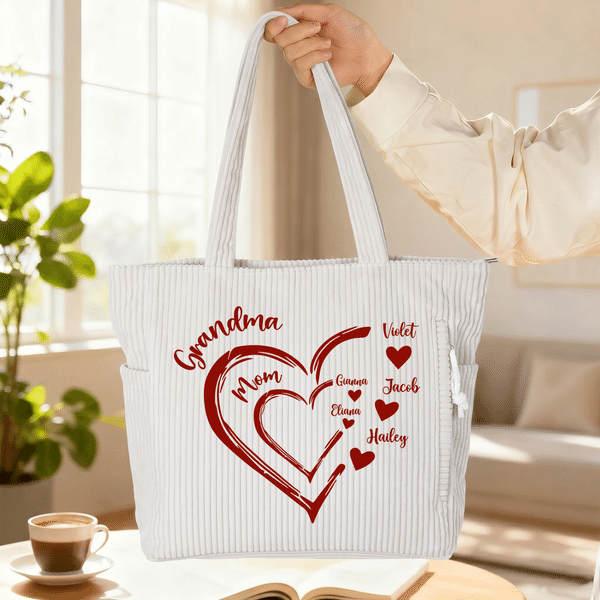 Sac fourre-tout en velours côtelé de grande capacité avec nom Travail Utilisation quotidienne Famille Cadeau pour Maman Grand-mère