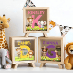 Personalized Cartoon Kid Safari Animal Wooden Money Box Piggy Bank with Name and Initial Daily Use Birthday Gift for Boys Girls Kids