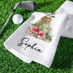 Personalised Golf Birth Flower Classic Quick Dry Waffle Golf Towel with Name and Carabiner Clip Sport Team Birthday Gift for Golf Player Lover Woman