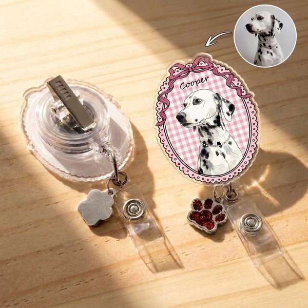 Gepersonaliseerd handgeschilderd huisdier foto intrekbare ID-kaart Badge Reel met naam en glitter Paw Charm verjaardagscadeau voor huisdier liefhebber leraar verpleegkundige