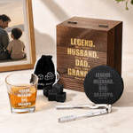 Personalized Legend Dad Whiskey Glass 4 Stones Wooden Box Set with Text and Coaster Father's Day Birthday Anniversary Gift for Dad Man