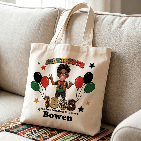 Personalised Juneteenth 1865 Cartoon Black Boy Girl Character Balloon Canvas Tote Bag with Name Black Independence Day Juneteenth Gift for Boys Girls