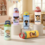 Gepersonaliseerde leuke cartoon professionele karakter 12 oz 16 oz waterfles met naam rietje en handvat terug naar school verjaardagscadeau voor kinderen
