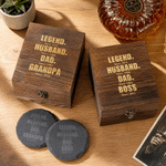 Personalized Legend Dad Whiskey Glass 4 Stones Wooden Box Set with Text and Coaster Father's Day Birthday Anniversary Gift for Dad Man