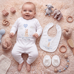 Personalised Cartoon Rabbit 100% Cotton Baby Bodysuit Romper Bib Booties Set with Text and Year First Mother's Day Gift for Newborn Baby