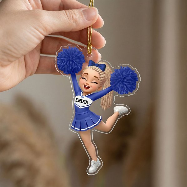 Adorno de acrílico con pompón de niña animadora de dibujos animados personalizado con su nombre Regalo para animadora el día del partido