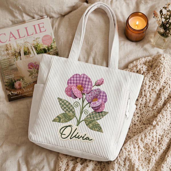 Applique Personnalisée Patch Style Fleur de naissance Nom Grande capacité Sac Fourre-tout en velours côtelé Utilisation quotidienne Anniversaire Voyage Graduation Cadeau pour Elle