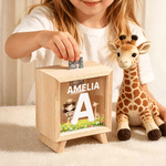 Personalized Cartoon Kid Safari Animal Wooden Money Box Piggy Bank with Name and Initial Daily Use Birthday Gift for Boys Girls Kids