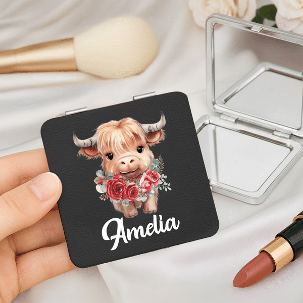 Personalised Birth Flower Highland Cow Compact Heart Round Square Makeup Mirror with Name Birthday Anniversary Gift for Women