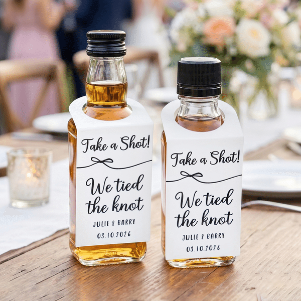 Gepersonaliseerde Take a Shot Wijnfles Labels Set van 25 met Naam en Datum Huwelijksfeest Bruids Douche Cadeau voor Bruid Bruidegom
