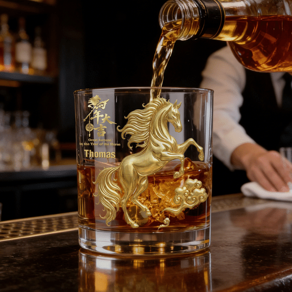 Personalized Chinese-Style Horse 10 oz Rock Whiskey Glass with Name and Auspicious Words Anniversary Birthday Gift for Man Whiskey Enthusiast