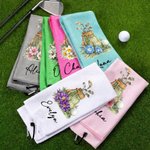 Personalised Golf Birth Flower Classic Quick Dry Waffle Golf Towel with Name and Carabiner Clip Sport Team Birthday Gift for Golf Player Lover Woman